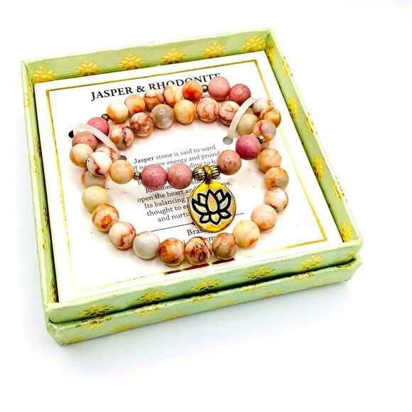 Shivam Jasper & Rhodonite Beaded Bracelet with Lotus Charm - Picture 6 of 7